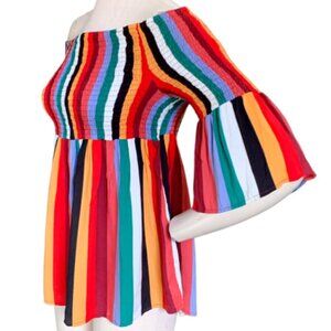 BOHO Colorful Stripe Bell Sleeve Smocked Babydoll Top Sz 1X by Pink Peony #89B
